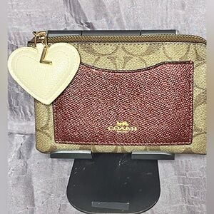 Coach Gold and Red Wristlet with Heart and L Charm Zipper Pull